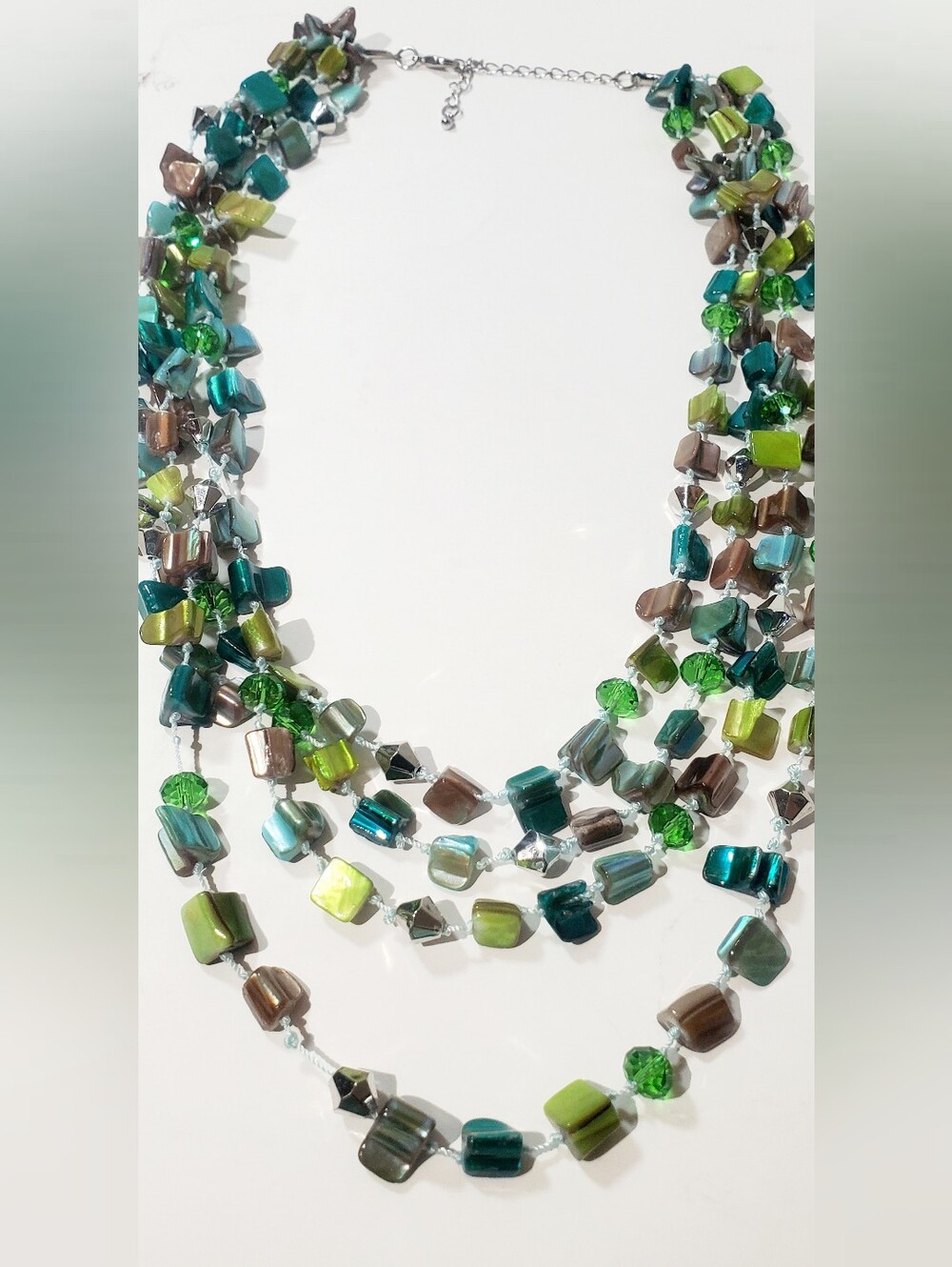 Multi-Strand Green Teal and Brown Beaded Necklace